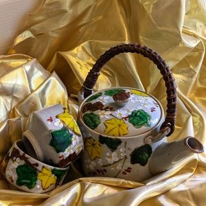 Vintage Japanese Ceramic Teapot with Bamboo Handle